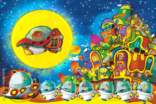 Cartoon funny colorful scene of cosmos galactic alien ufo space craft ship illustration for kids