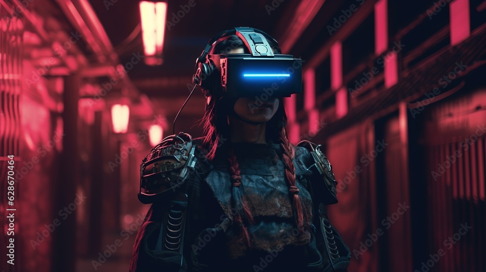 Generative AI, beautiful asian person in samurai suit in VR glasses in neon space street, virtual reality headset in cyberspace Generative AI, beautiful asian person in samurai suit in VR glasses in neon space street, virtual reality headset in cyberspace