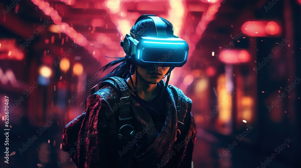 Generative AI, beautiful asian person in samurai suit in VR glasses in neon space street, virtual reality headset in cyberspace Generative AI, beautiful asian person in samurai suit in VR glasses in neon space street, virtual reality headset in cyberspace