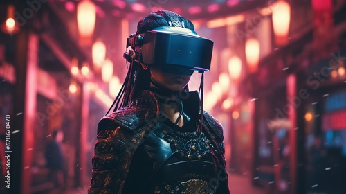 Generative AI, beautiful asian person in samurai suit in VR glasses in neon space street, virtual reality headset in cyberspace