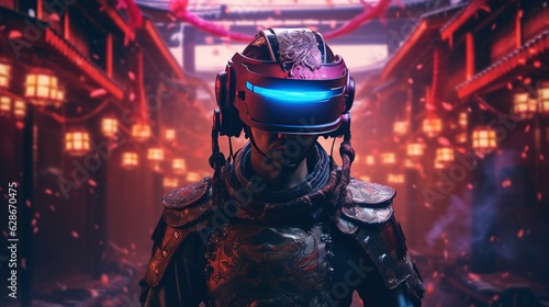 Generative AI, beautiful asian person in samurai suit in VR glasses in neon space street, virtual reality headset in cyberspace © DELstudio