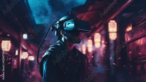 Generative AI, beautiful asian person in samurai suit in VR glasses in neon space street, virtual reality headset in cyberspace
