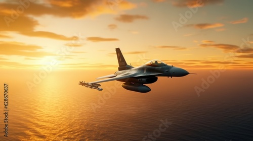 F-16 air force fighter flying over the ocean, beautiful sunset over horizon on the background. Jet military aircraft patrols territory, makes a training flight. Close up aerial view. 3D rendering.