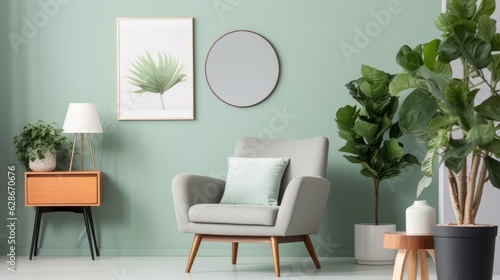 Front view of a modern luxury living room in green colors. Green wall with poster template and mirror, comfortable armchair with cushion, bedside table, green plants in flower pots. Mockup.