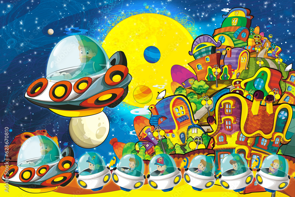 Cartoon funny colorful scene of cosmos galactic alien ufo space craft ship illustration for kids