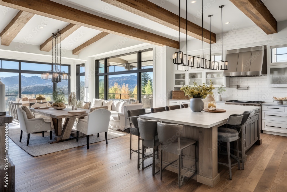 This new farmhouse style luxury home has a dining room and kitchen that are designed with an open concept floor plan and elegant pendant light fixtures. The dining area and kitchen feature a cross