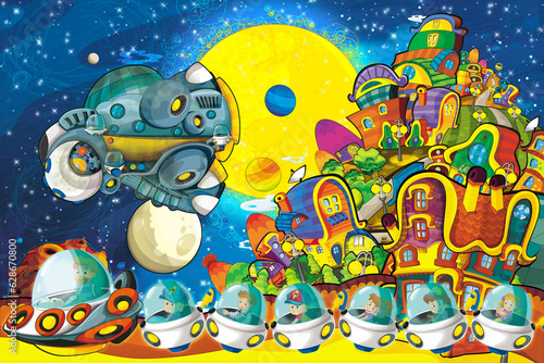 Cartoon funny colorful scene of cosmos galactic alien ufo space craft ship illustration for kids