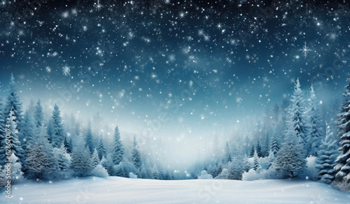 Hintergrund Winter Landschaft in weiß und blau - Schnee und Eis im Wald - Schneebedeckte Wiese und Bäume mit Platz für Bild oder Produkt