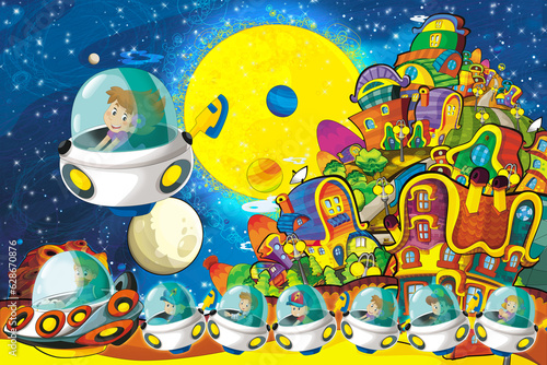 Fototapeta Naklejka Na Ścianę i Meble -  Cartoon funny colorful scene of cosmos galactic alien ufo space craft ship illustration for kids