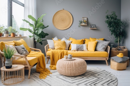 This cozy apartments living room has a modern boho interior style, featuring a gray sofa, honey yellow pillows with a plaid pattern, various plants, artistic paintings, a rattan basket, and