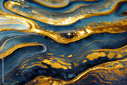 Blue and golden acrylic liquid ink swirl abstract background with ravishing turbulence wavy pattern and detailed texture. Luxury fluid liquid art by Generative AI.