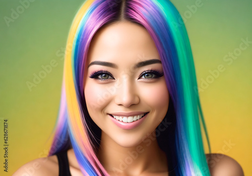 Portrait of beautiful young woman with bright makeup and colorful hair. Generative AI.