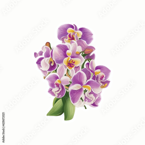 Beautiful orchid flowers bouquet  sticker and pink background, vector illustration