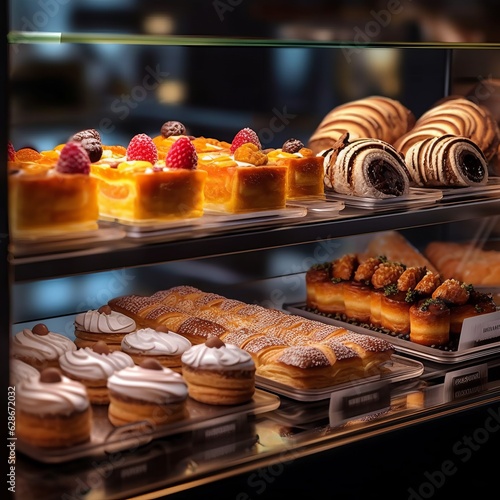 Sweet pastries with berries. Showcase in a candy store. Glass stand with cake eclairs and tartlets. refrigerator shelves with sweets. Confectioner's work space. Generative AI