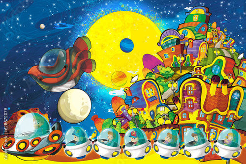Cartoon funny colorful scene of cosmos galactic alien ufo space craft ship illustration for kids © honeyflavour