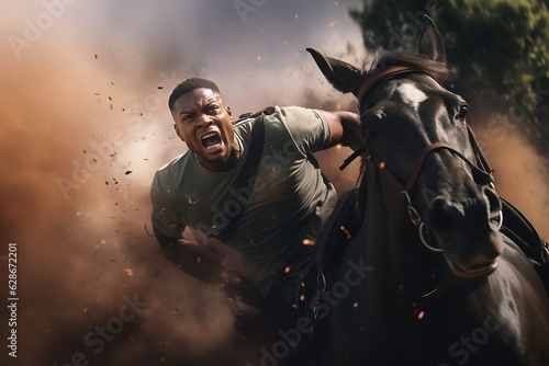 A handsome black man falling from a running horse