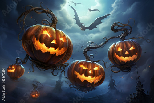 Flying Halloween pumpkins with cut- out and burning faces against a background of dark, ominous clouds.
