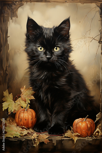 Vintage card with a black kitten and pumpkins. Halloween concept