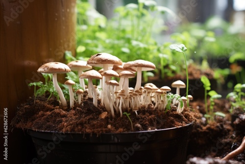 homegrown mushrooms thriving in a repurposed coffee ground substrate