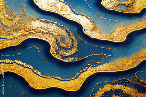 Blue and golden acrylic liquid ink swirl abstract background with ravishing turbulence wavy pattern and detailed texture. Luxury fluid liquid art by Generative AI.