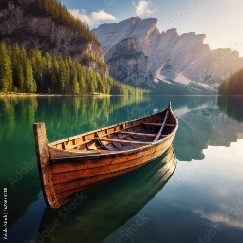 Scenic Beauty: Traditional Wooden Rowing Boat on the Water 