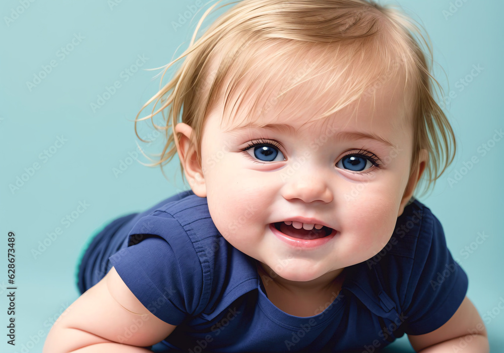 Naklejka premium Portrait of a cute baby on a blue background. Generative AI.