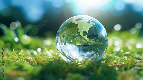 Transparent crystal sphere filled with sunlight on green grass. Glass globe with outlines of continents, symbolizing Earth. Protection of water resources concept. Environmental care. 3D rendering.
