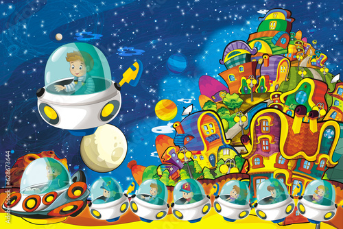 Cartoon funny colorful scene of cosmos galactic alien ufo space craft ship illustration for kids © honeyflavour