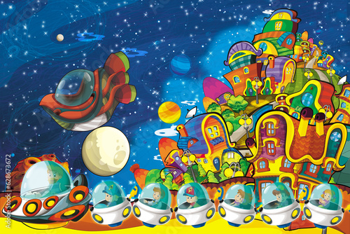 Cartoon funny colorful scene of cosmos galactic alien ufo space craft ship illustration for kids