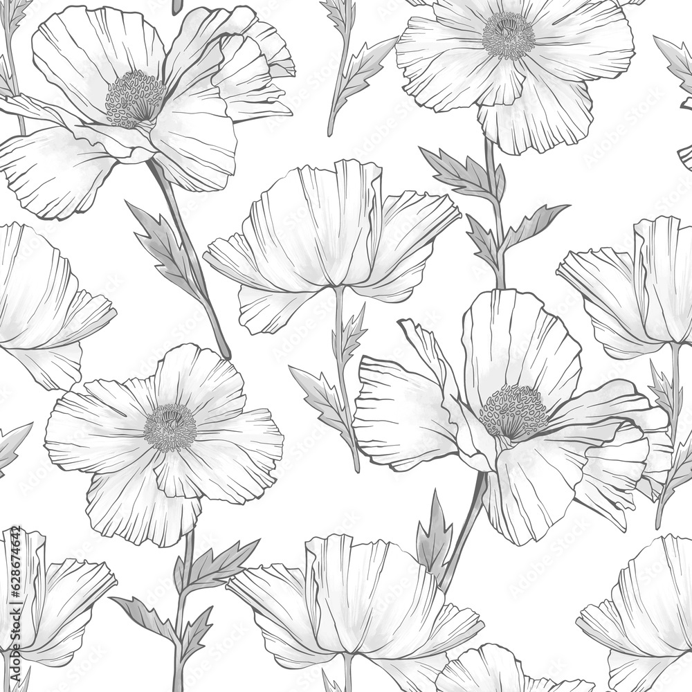 custom made wallpaper toronto digitalWhite Poppy flowers seamless pattern. Hand drawn sketch style. Nature background. Floral illustration.
