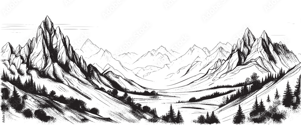 Vector sketch of hand drawn graphic mountain ranges and pine forest ...