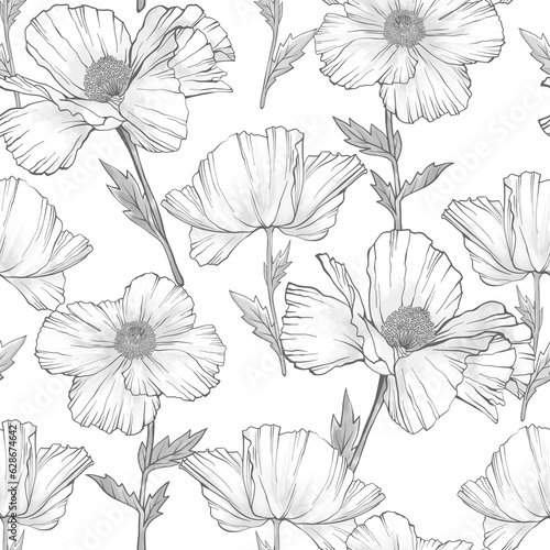 Wallpaper Mural White Poppy flowers seamless pattern. Hand drawn sketch style. Nature background. Floral illustration. Torontodigital.ca