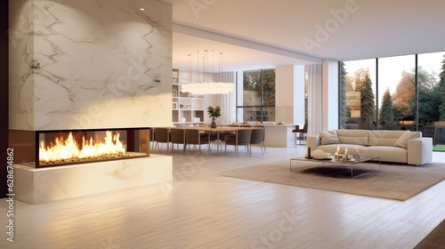 Contemporary living room interior in a luxury cottage. Large bio fireplace with marble finish, dining area, comfortable sofa. Floor-to-ceiling window with forest view. 3D rendering.