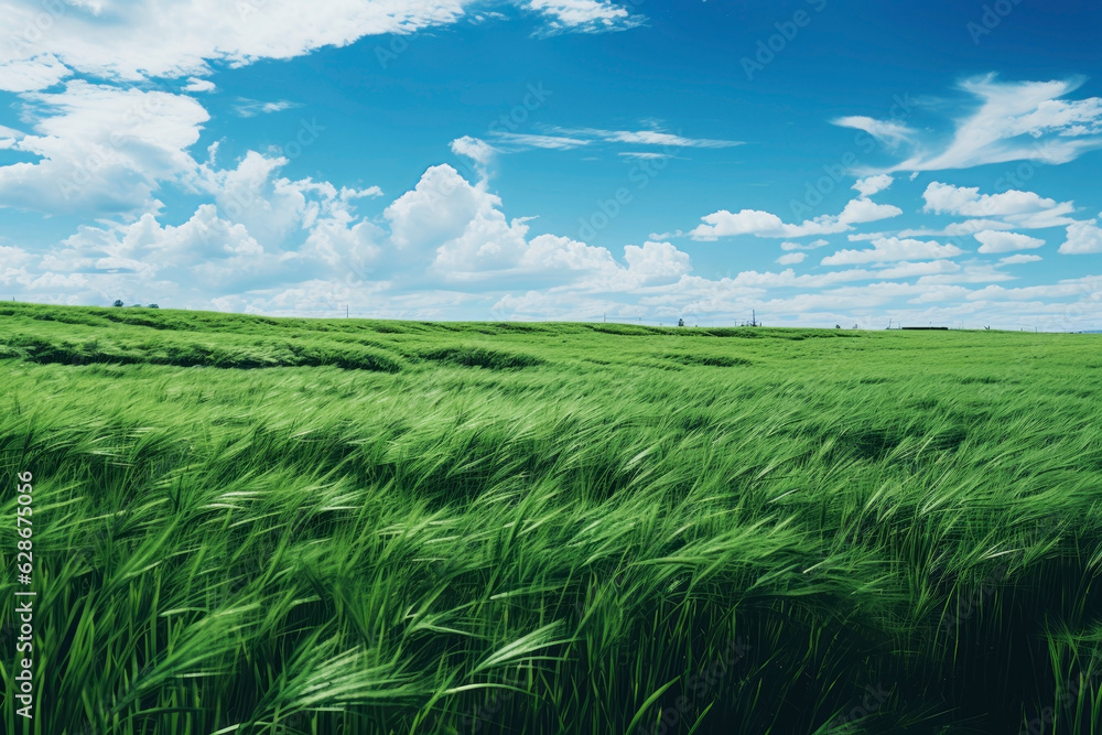 Fototapeta premium Beautiful green field with cloudy sky. Generative AI