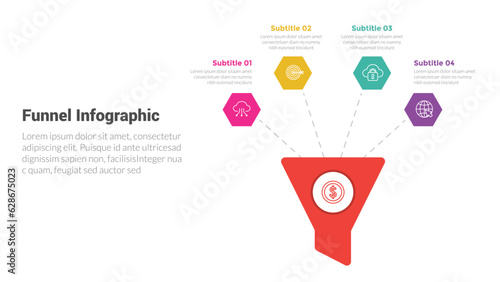 funnel shape infographics template diagram with spreading honeycomb on top of funnel and 4 point step creative design for slide presentation