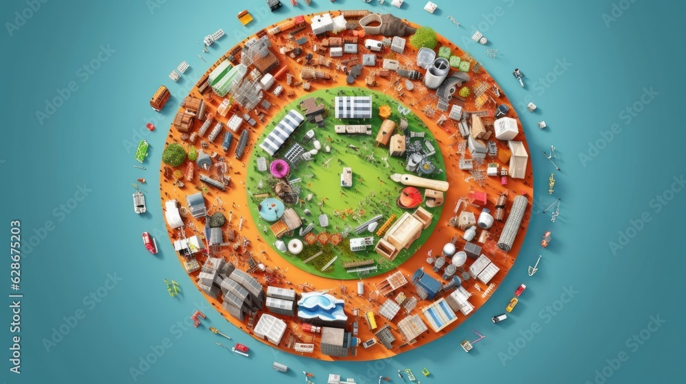 Illustration of human life, symbolizing the circular nature of economic development. Habitation, energy, industry, agriculture, science, transportation, recycling. Mockup, isolated.