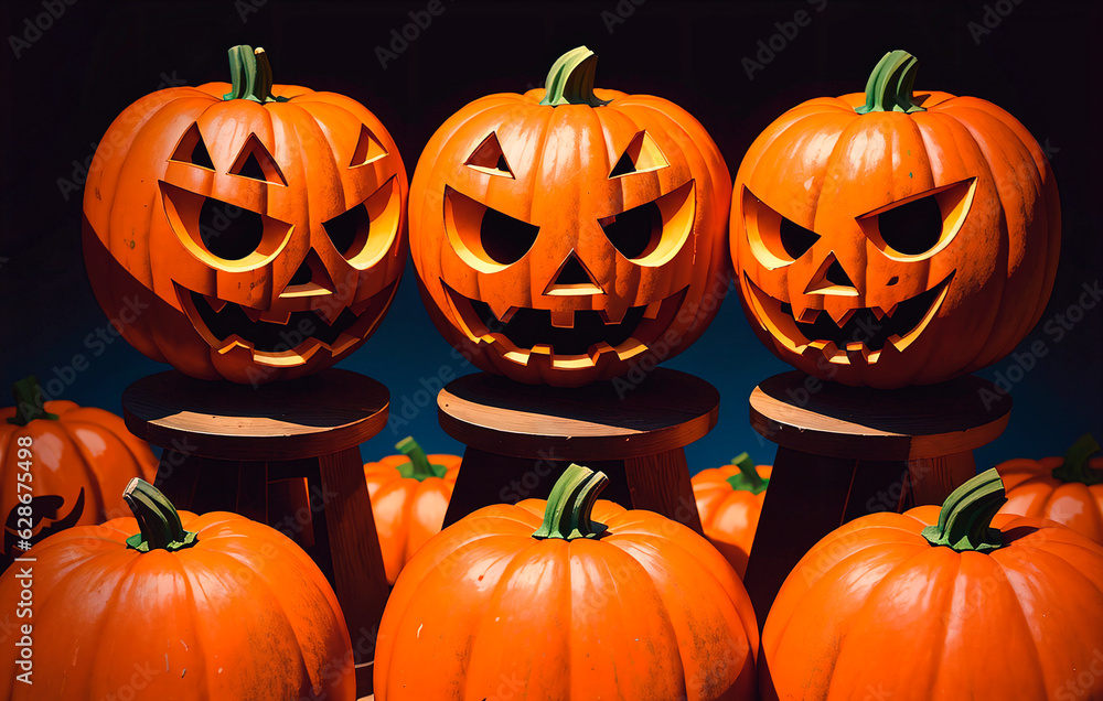 Halloween pumpkins on a dark background. Generative AI. Halloween pumpkins on a dark background. Generative AI.