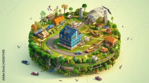 Illustration of human life, symbolizing the circular nature of economic development. Habitation, energy, industry, agriculture, science, transportation, recycling. Mockup, isolated.