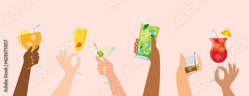 Set of summer cocktails. Hands with alcoholic drinks in different types of glasses. Cheers with friends. Mojito, martini, margarita, daiquiri, whiskey