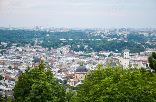 Picturesque landscape of the old town in the center of Lviv from High Castle Hill. Ukraine