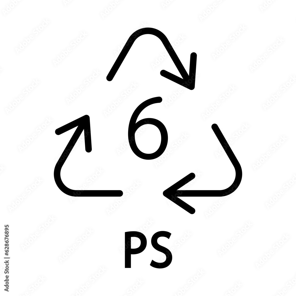 Black single plastic recycle PS 6 line icon, simple recycle code flat design vector pictogram