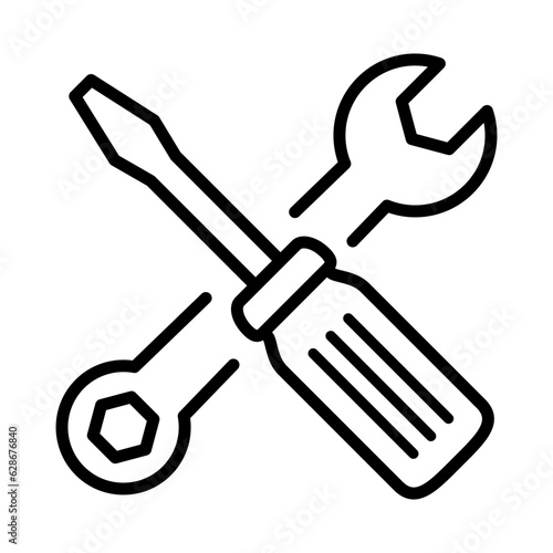 Black single maintenance line icon, simple outline crossed tool flat design pictogram, infographic vector for app logo web button ui ux interface elements isolated on white background