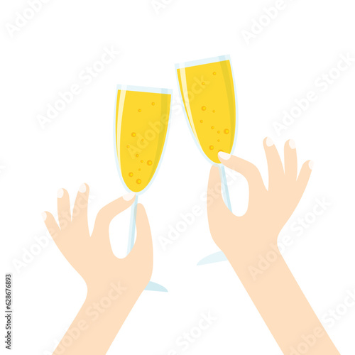 Hands hold glasse of sparkling wine. Champagne glasses cheers. People celebrate christmas or birthday. Vector illustration in trendy flat style.