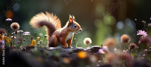 Rotes Eichhörnchen im Wald auf der Wiese mit Blumen, Pilze und Baum. Hintergrund mit Bokeh mit Platz für Text oder Produkt