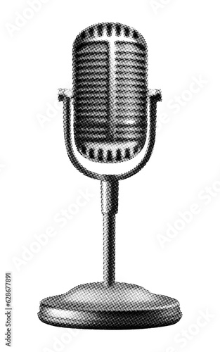vintage desktop microphone on stand isolated halftone dots texture retro vintage pop art style collage element for mixed media modern crazy design for banner poster