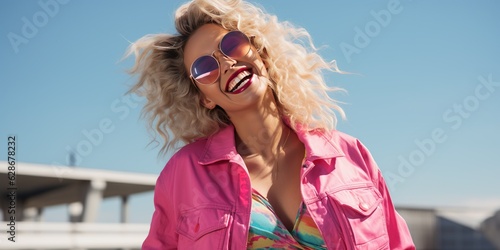 Blond young happy woman laughing wearing 80s fashion in Stylish woman posing as supermodel generative AI