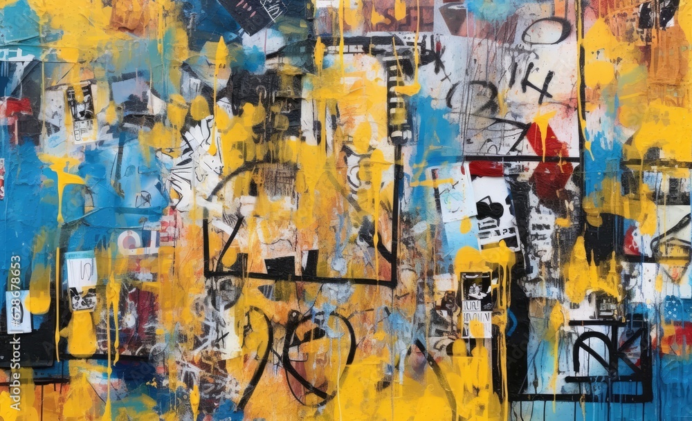 Obraz premium Ściany w formie kolażu w stylu sztuki malowanej sprayem pokryte są graffiti w różnych kolorach i stylach.
