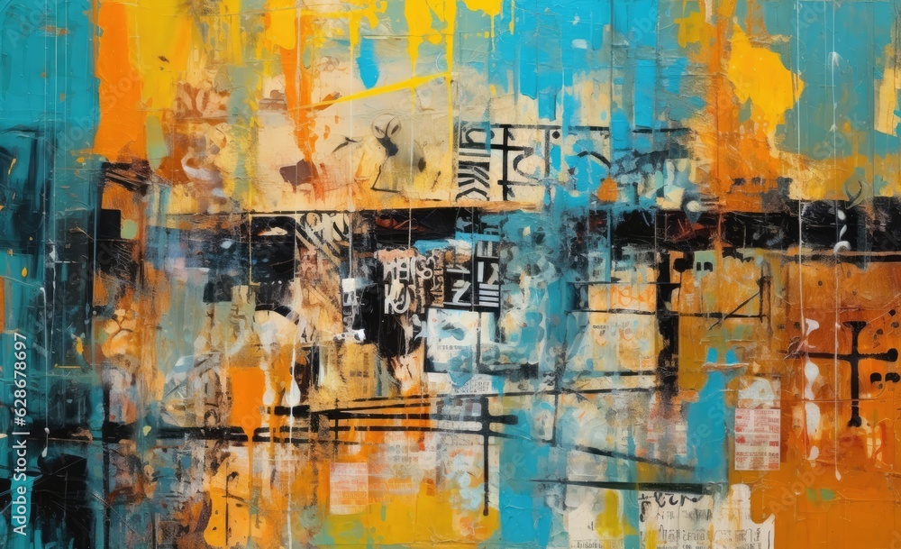 Fototapeta premium Walls in the form of collage work in the style of spray paint art covered with graffiti of different colors and styles.