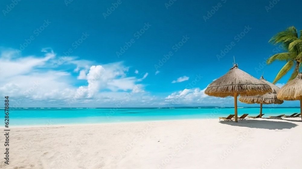 Generative AI : Beautiful beach with white sand turquoise ocean and blue sky with clouds on Sunny day Summer tropical landscape with green palm trees and Straw umbrellas panoramic view