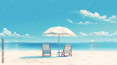 Generative AI : Beautiful beach with white sand turquoise ocean and blue sky with clouds on Sunny day Summer tropical landscape with green palm trees and Straw umbrellas